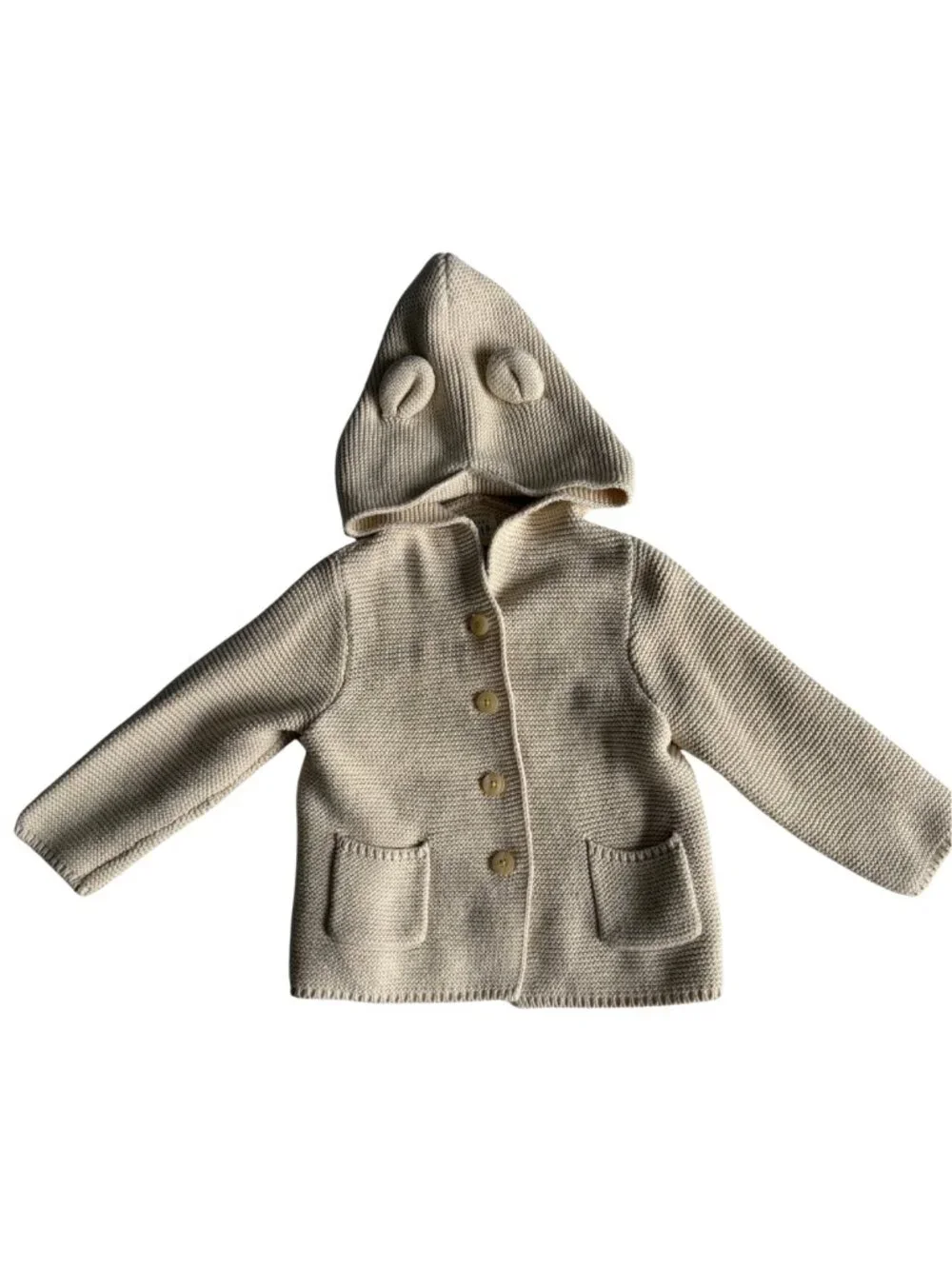 Gap Baby Bear Ear Knit Hooded Cardigan Sweater Cream 18-24M
